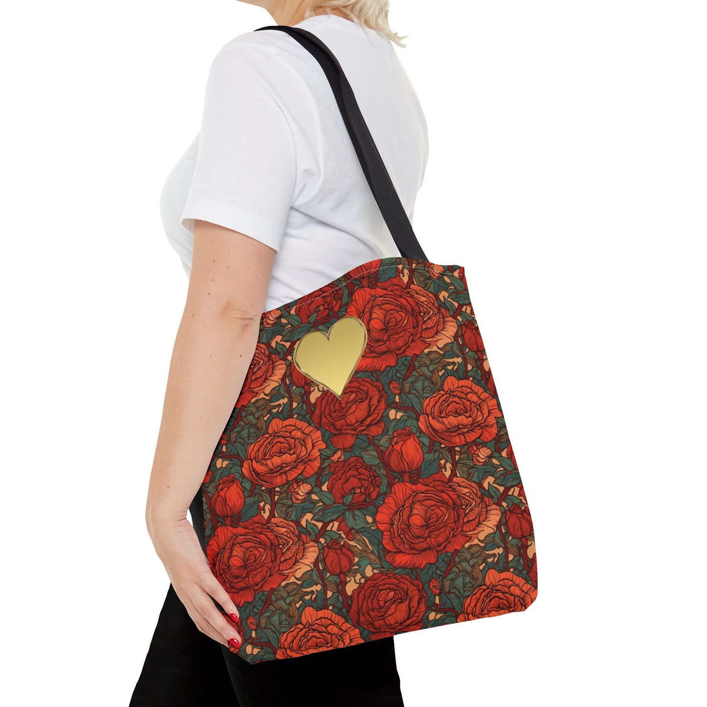 Chic Romantic Tote For Valentine's Day Roses and Hearts Bag Love Themed Gift For Women Gold Heart Embellished Durable Floral Tote Bag