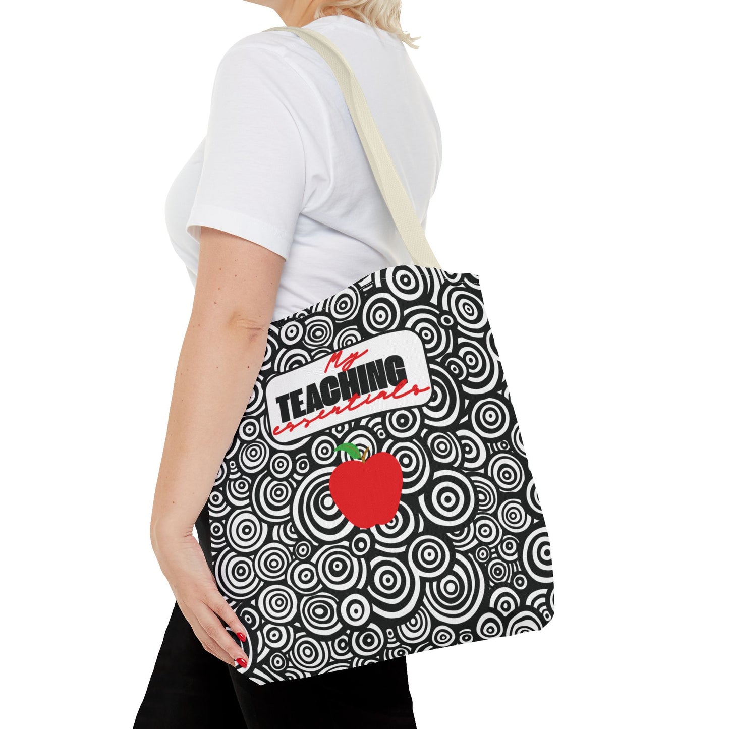 Fashionable Teacher Essentials Tote Black and White Geometric Circles Multipurpose Gift For Teachers Red Apple Accessory Book Bag