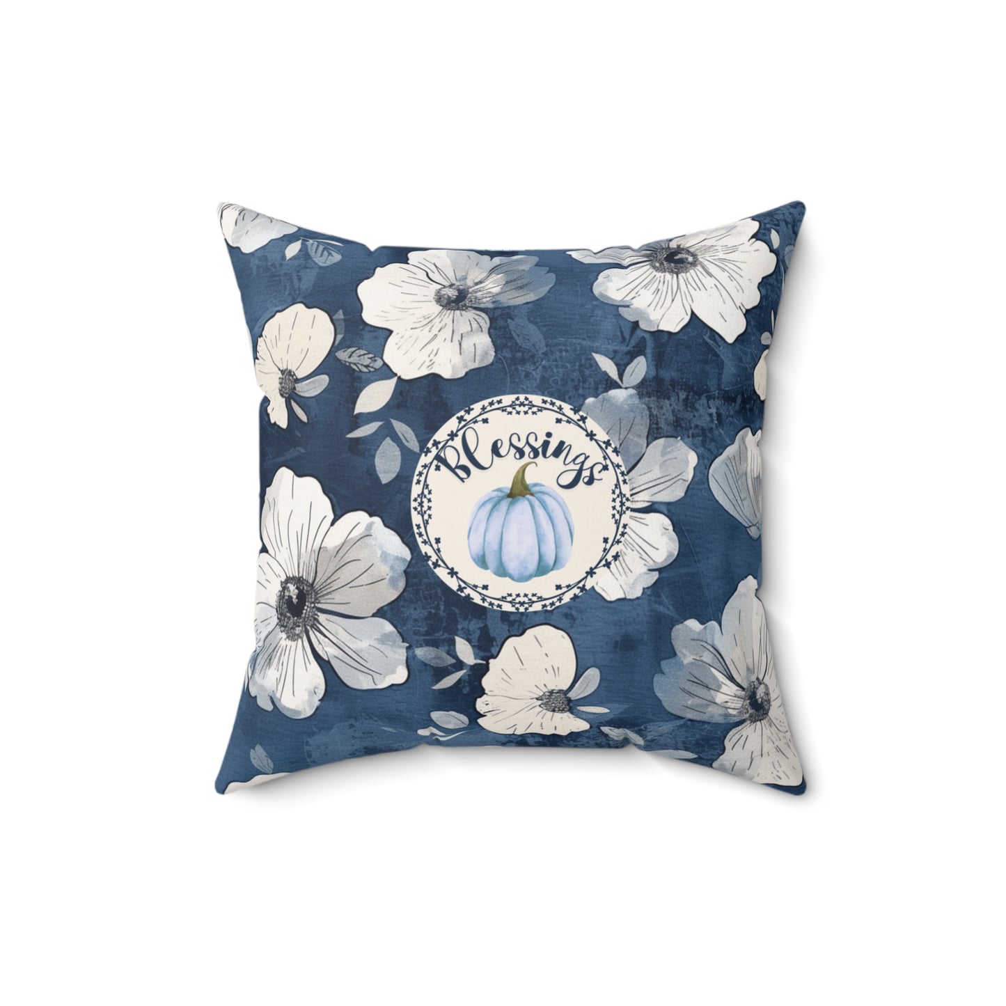 Thanksgiving Home Decor Blue and White Fall Floral Pillow Seasonal Pumpkin Design Autumn Home Accent Gift for Her Throw Cushion