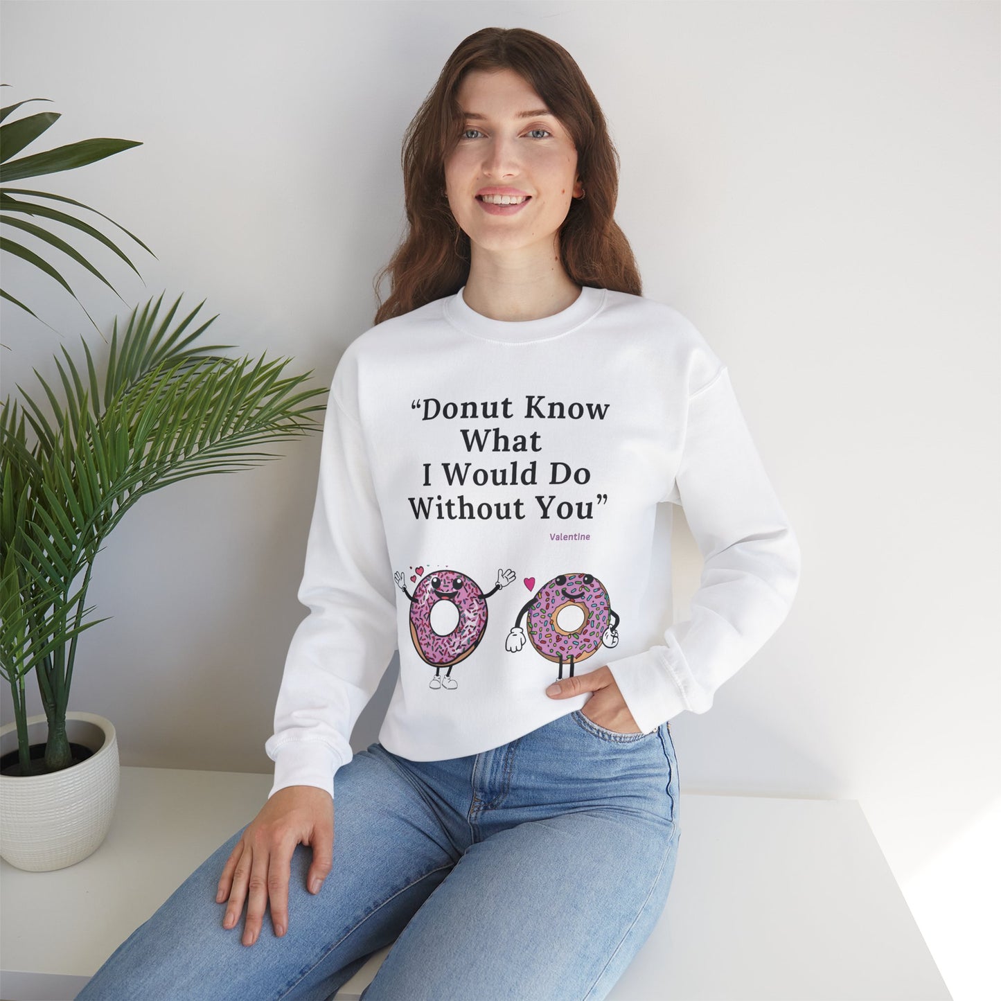 Playful Donut Character Design Valentine Winter Wear Sweatshirt Eco-Friendly V-Day Clothing Funny Couple-Themed Valentine Outfit Sustainable Cotton
