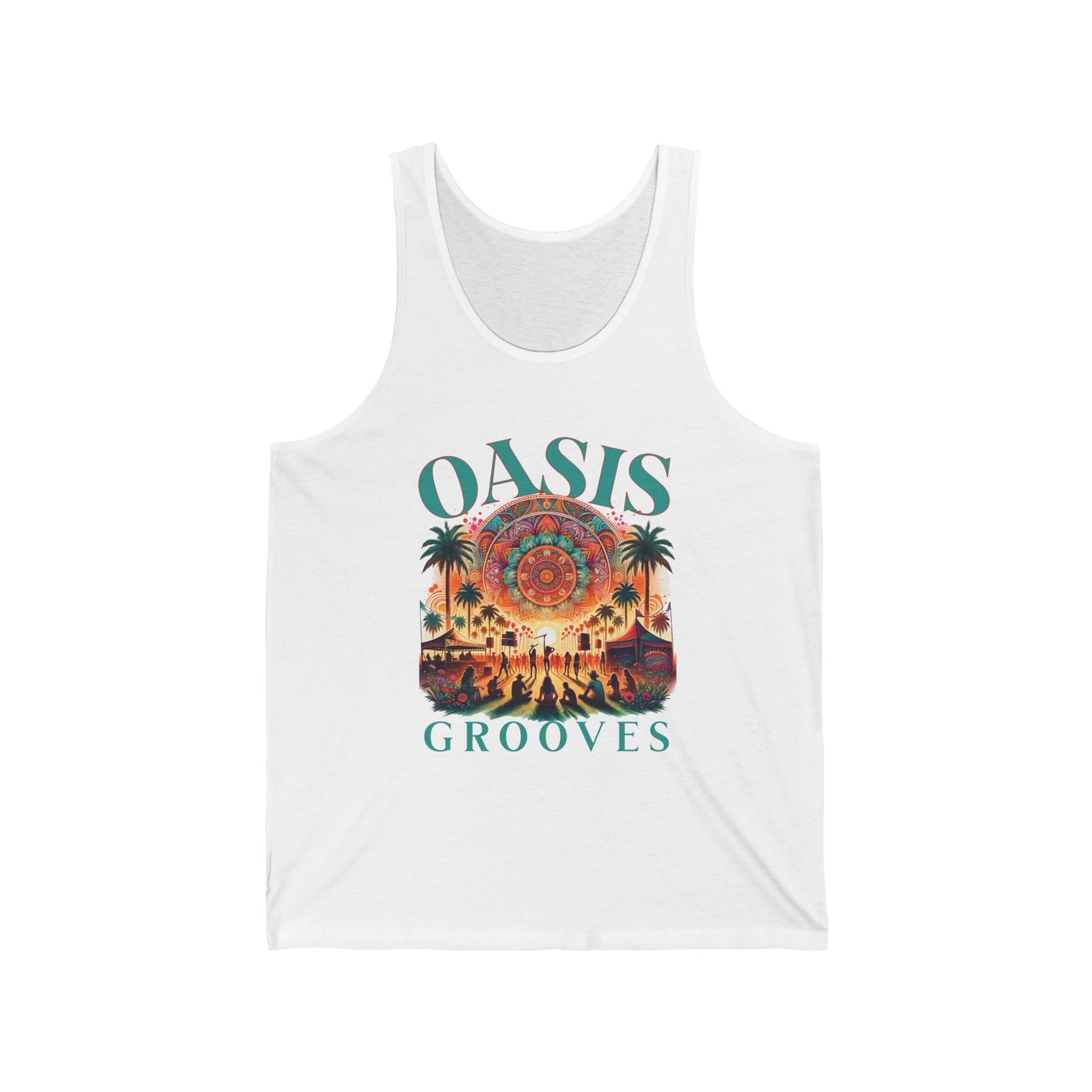 Festival-Goers Bohemian Music Festival Tank Top Trendy Fashion Top Summer Festival Wear Oasis Grooves Boho Style Tank Top for Music Lovers Festival Wear Sunset Graphic Top