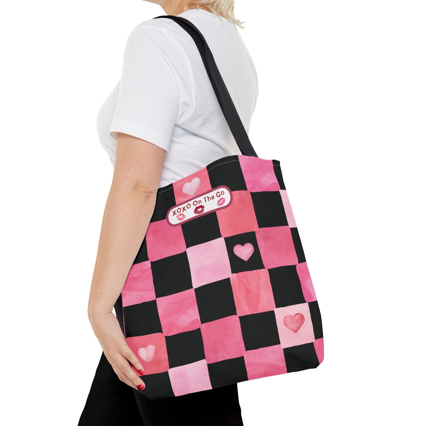 Gen Z Pink and Black Checkerboard Bag For Romantic Occasions Trendy Pink Love Themed Tote Aesthetic Valentine's Gift Bag For Young Women