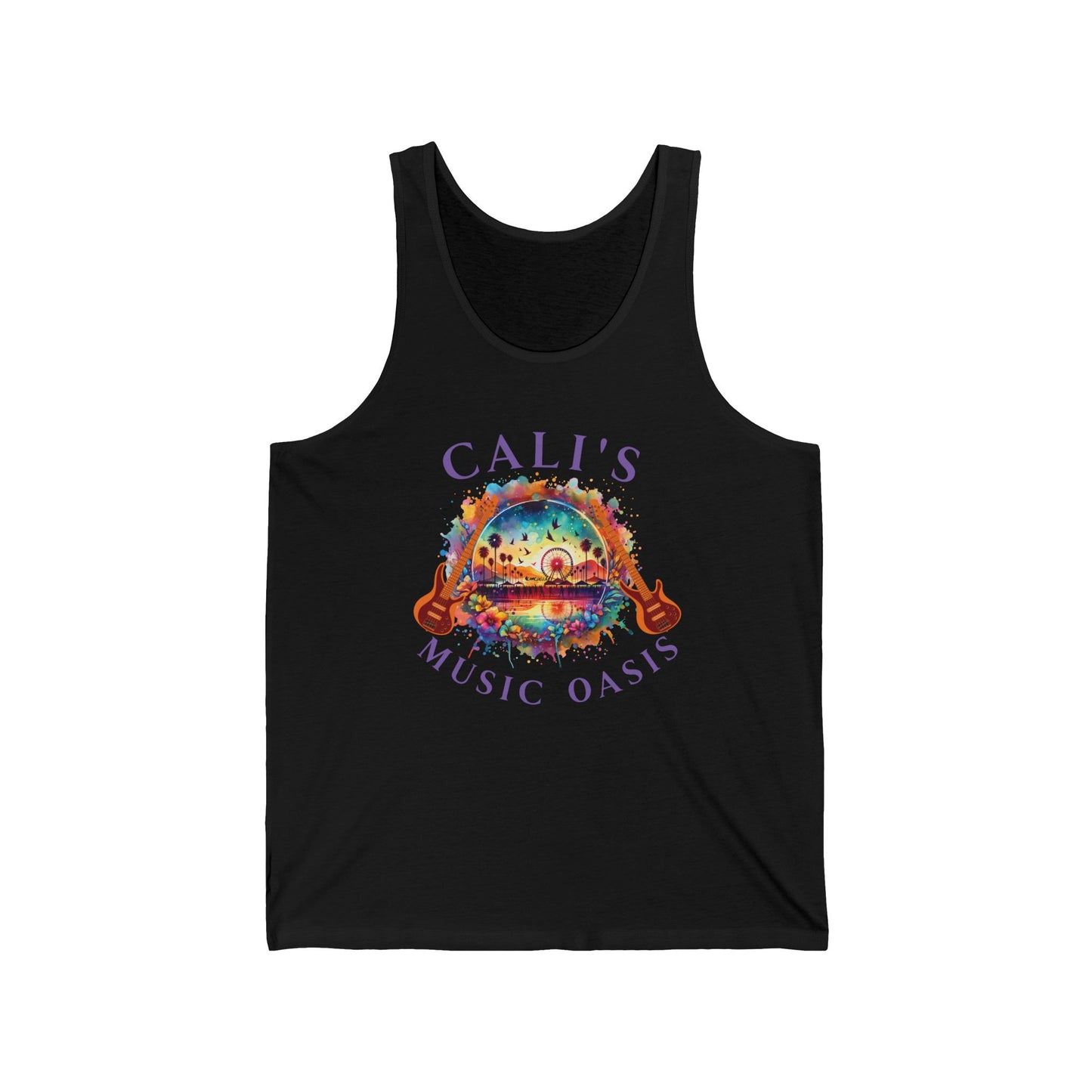 Bohemian Festival Tank Top Cali's Music Oasis Artistic Abstract Guitar Graphic for Music Festivals Desert Style Boho Music Lovers