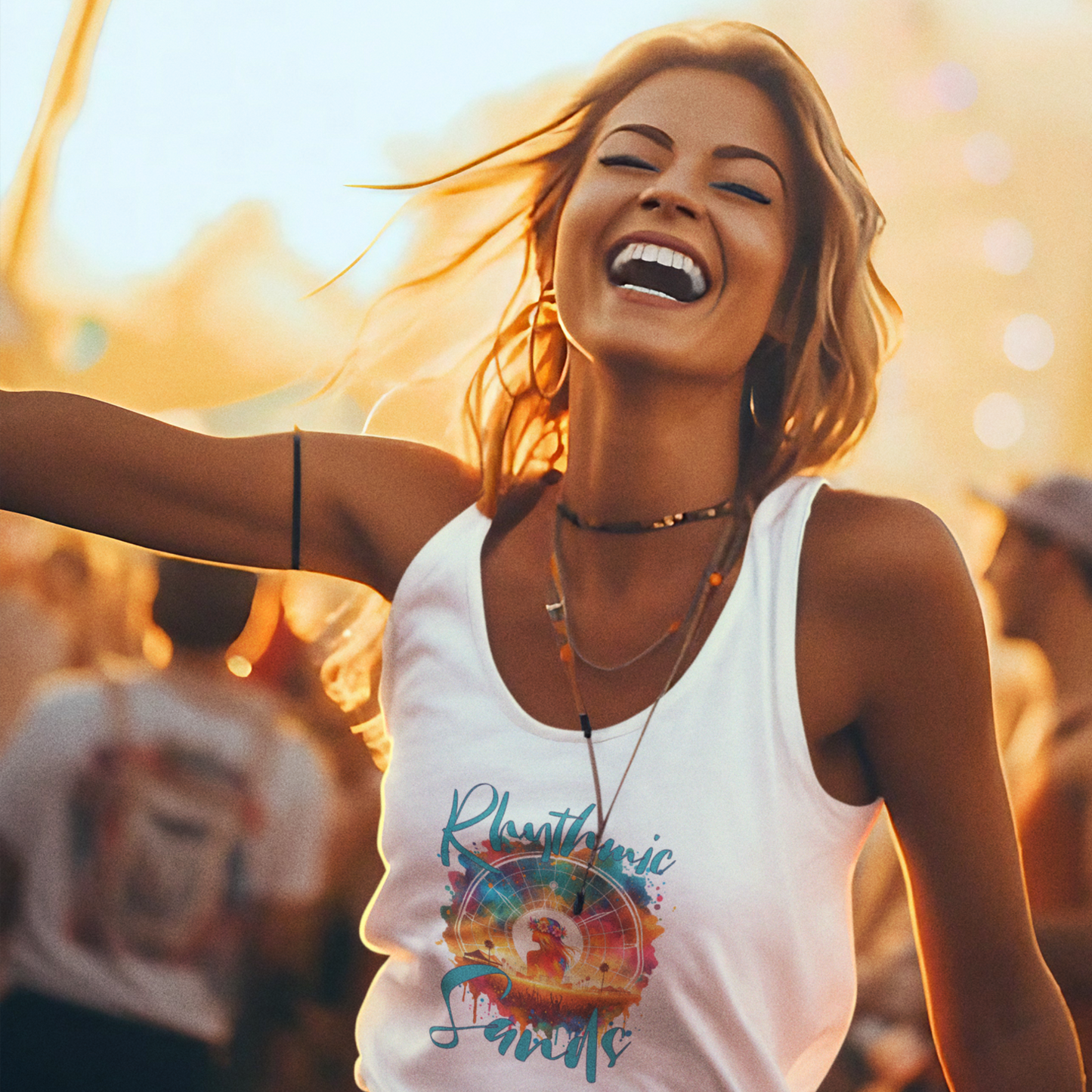 Rhythmic Sands Tank Top for Festivals, Music Lovers, Bohemian Desert Style Music, Colorful Music Festival Apparel