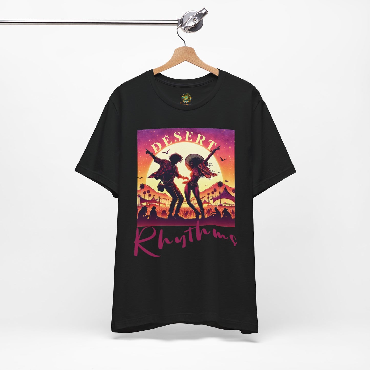 Festival Silhouette T-Shirt Trendy Desert Rhythms Top for Festival-Goers Dancing Couple Tee for Music Lovers