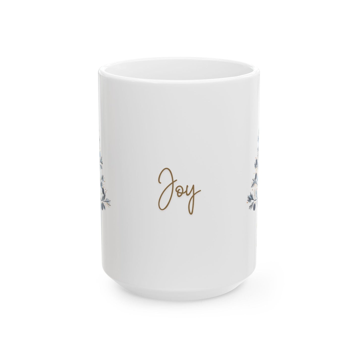 Joy Blue & Gold Christmas 15 oz Mug | Elegant Winter Tree Coffee Cup