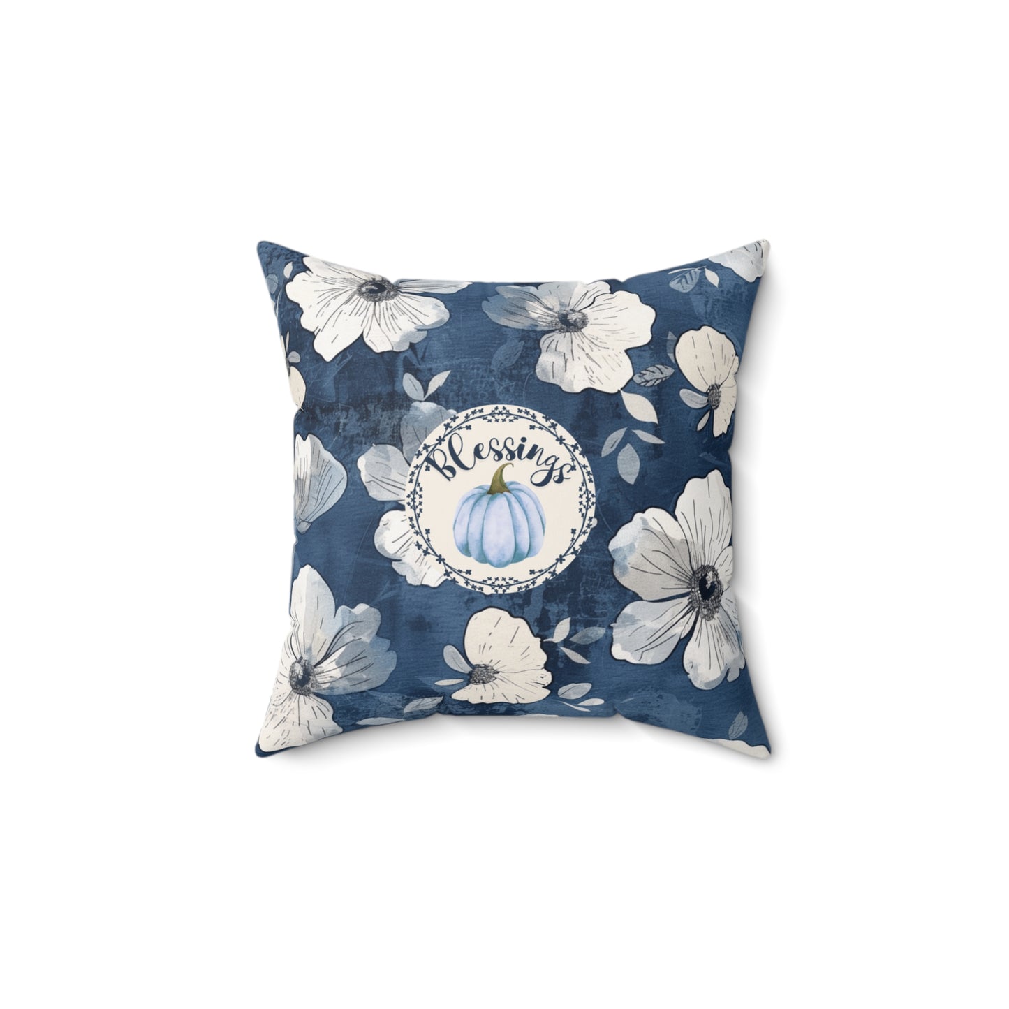 Thanksgiving Home Decor Blue and White Fall Floral Pillow Seasonal Pumpkin Design Autumn Home Accent Gift for Her Throw Cushion