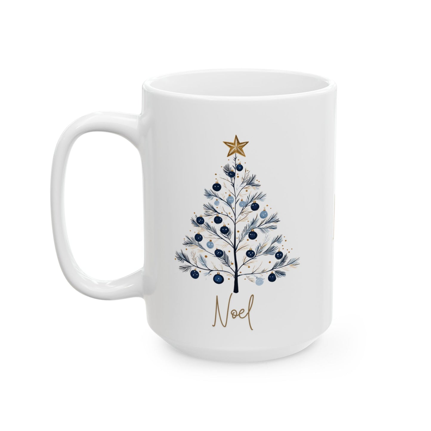 Noel Blue & Gold Christmas 15 oz Mug | Elegant Winter Tree Coffee Cup