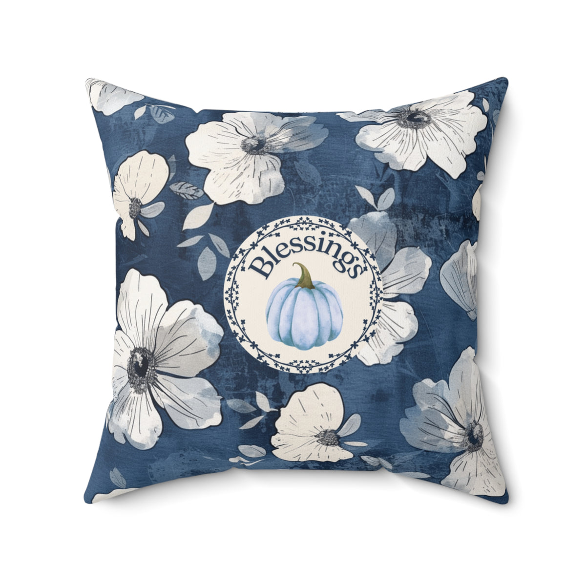 Blessings Blue Floral Pumpkin Pillow