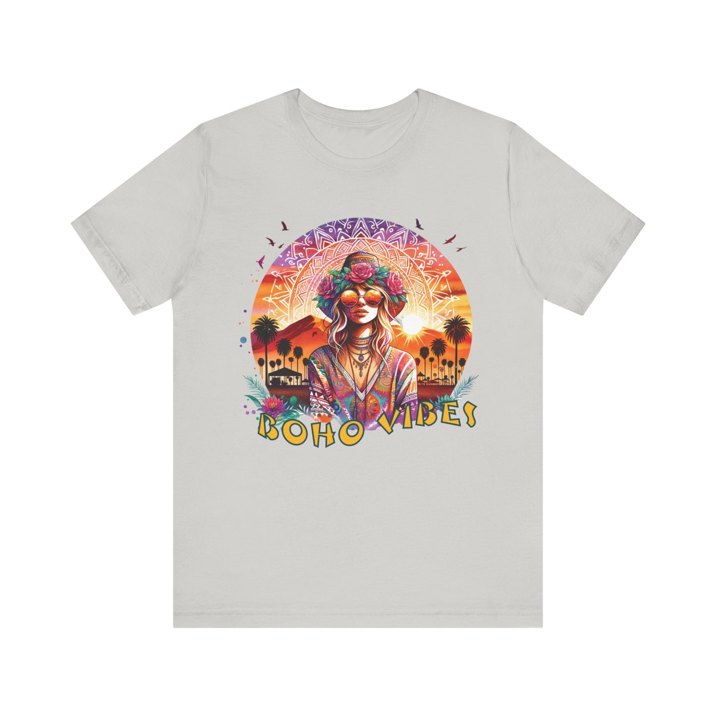 Boho Vibes T-Shirt Bohemian Festival Tee with Flower Crown Graphic for Music Lovers and Desert Style Events