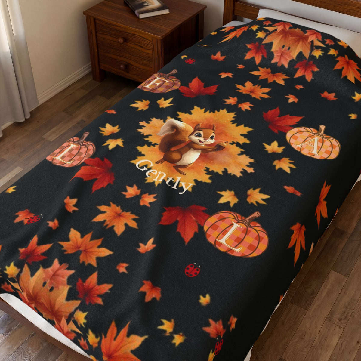 Fall Gently Velveteen Plush Blanket | Cozy Autumn Squirrel & Pumpkin Throw