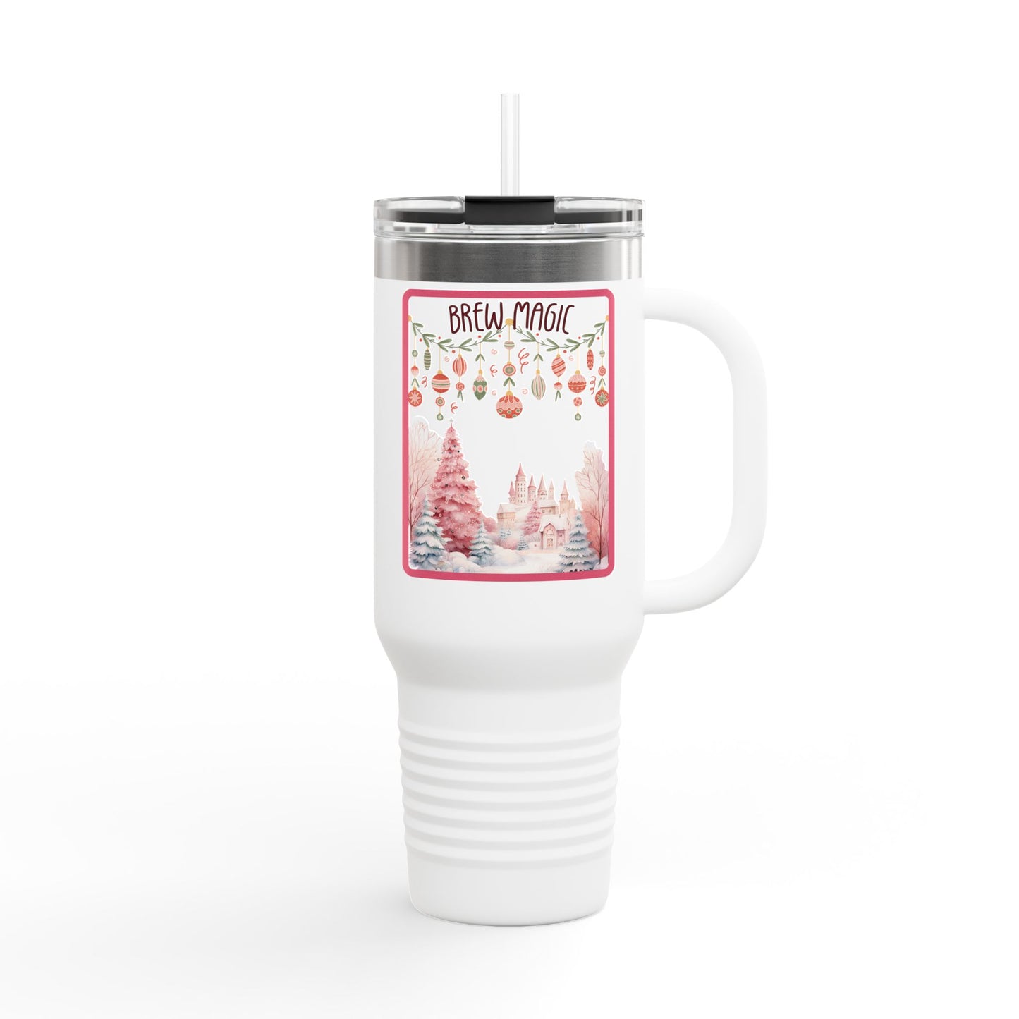 Brew Magic Christmas 40 oz Tumbler | Pink Holiday Travel Mug | Whimsical Winter Coffee Cup