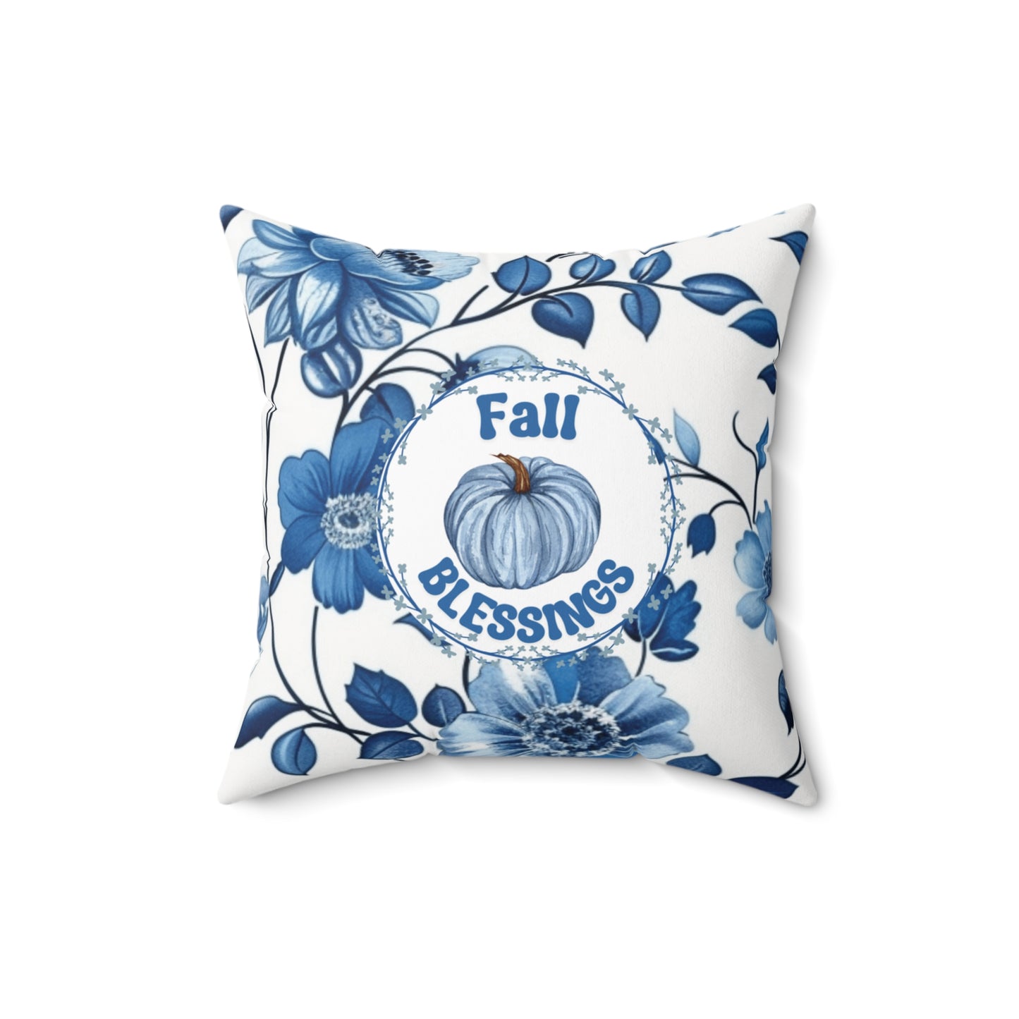 Thanksgiving Blue Floral Pillow Pumpkin Themed Seasonal Throw Cushion Modern Fall Accent Holiday Pillow Double-Sided Gift For Her