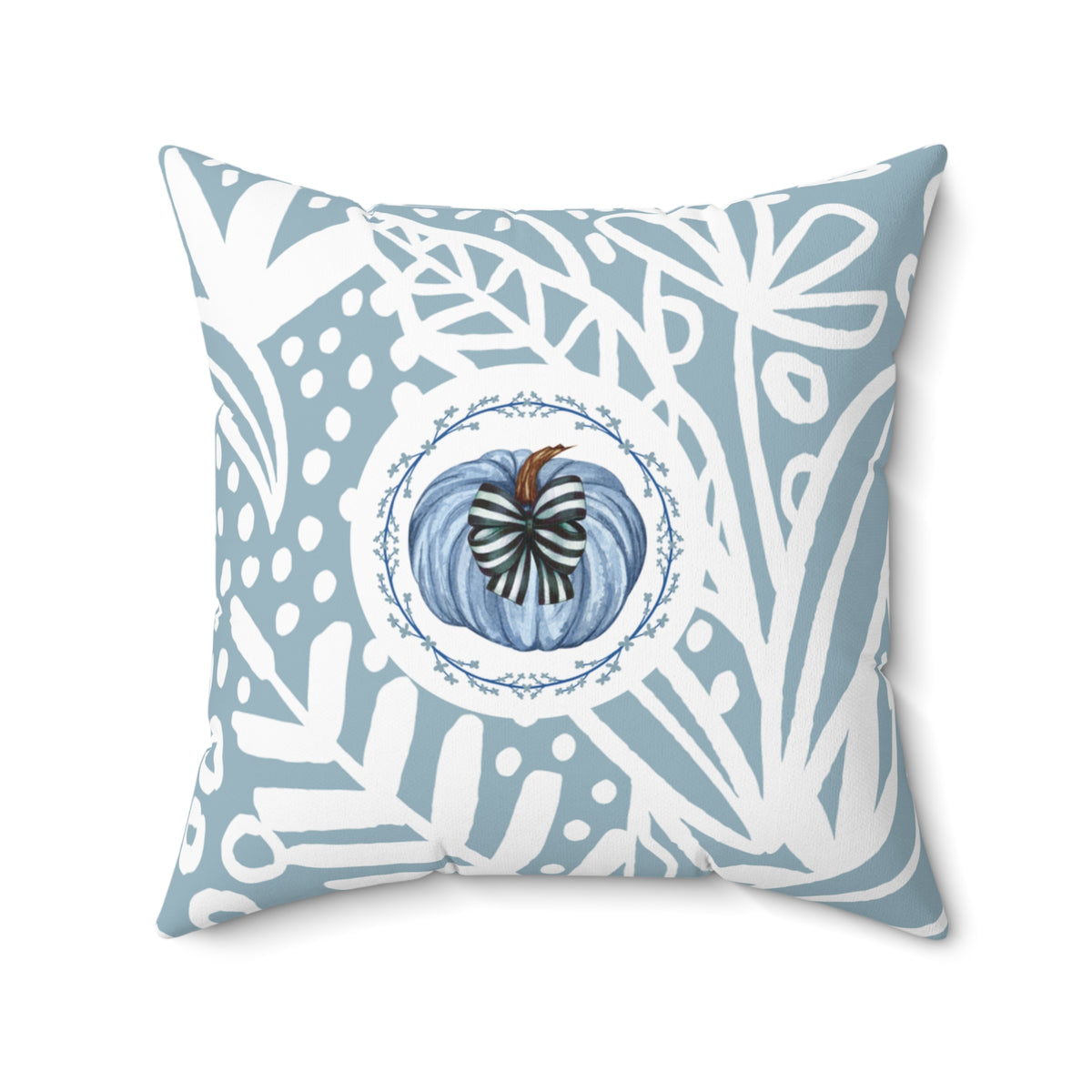 Blue Pumpkin Bow Fall Pillow — Double-Sided Autumn Accent Decor