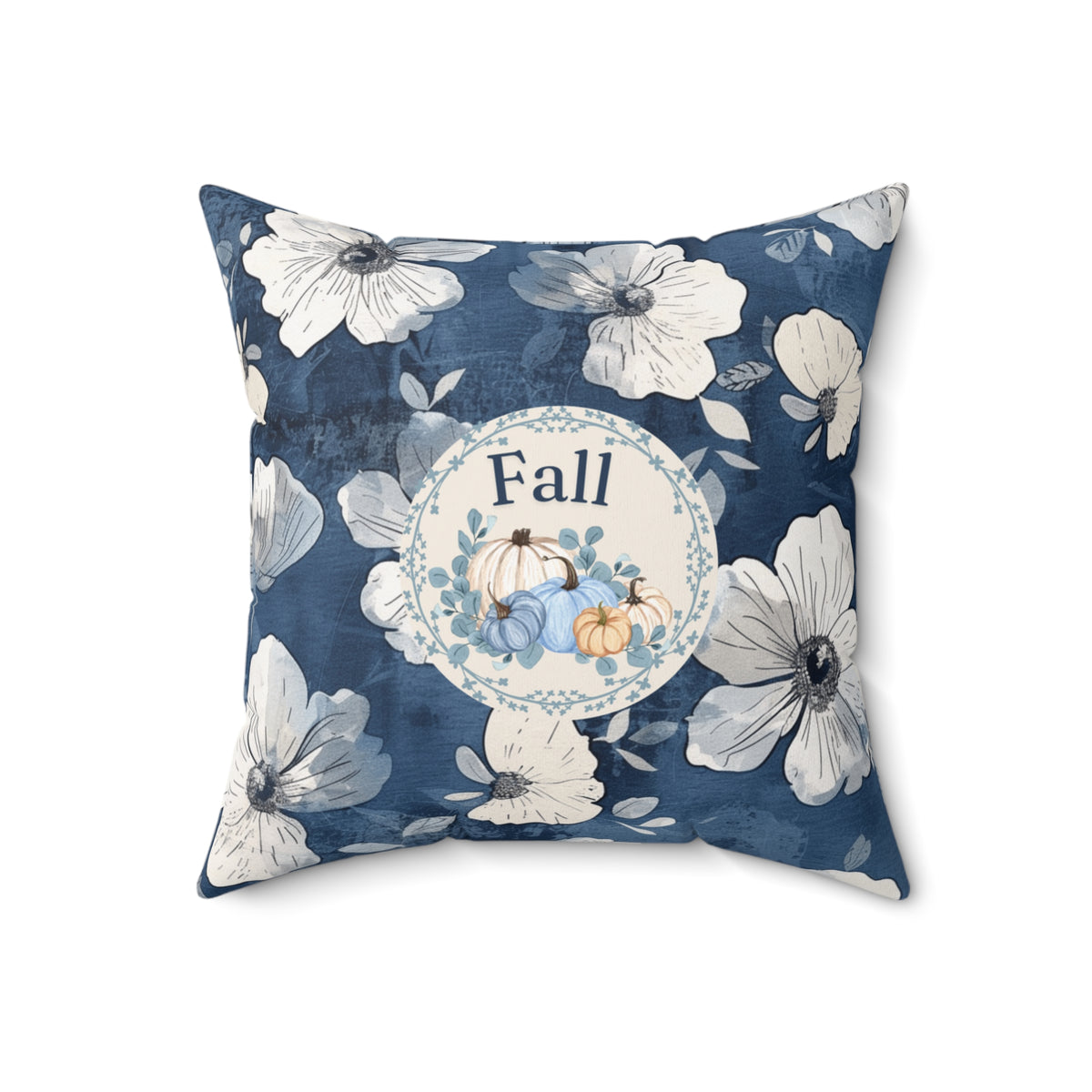 Blue Floral Fall Pumpkin Pillow — Autumn Accent Decor