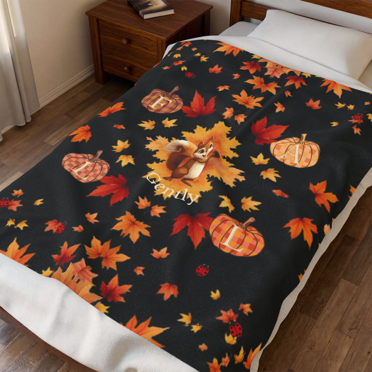 Fall Gently Velveteen Plush Blanket | Cozy Autumn Squirrel & Pumpkin Throw