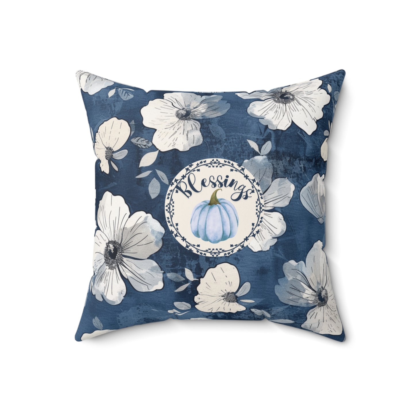 Thanksgiving Home Decor Blue and White Fall Floral Pillow Seasonal Pumpkin Design Autumn Home Accent Gift for Her Throw Cushion