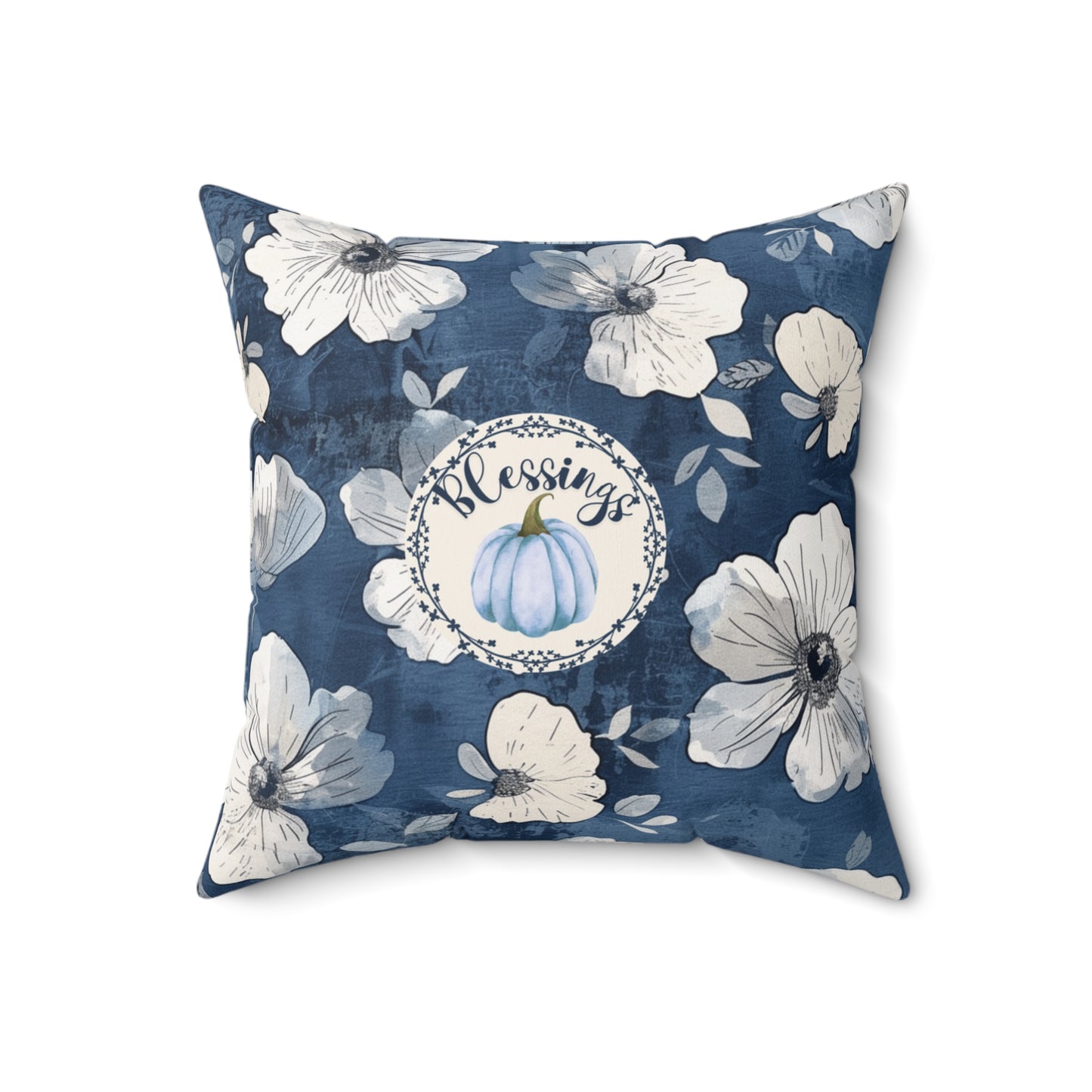 Thanksgiving Home Decor Blue and White Fall Floral Pillow Seasonal Pumpkin Design Autumn Home Accent Gift for Her Throw Cushion