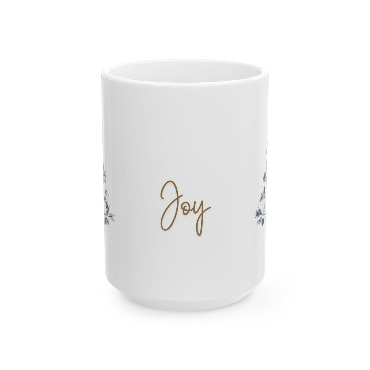 Joy Blue & Gold Christmas 15 oz Mug | Elegant Winter Tree Coffee Cup