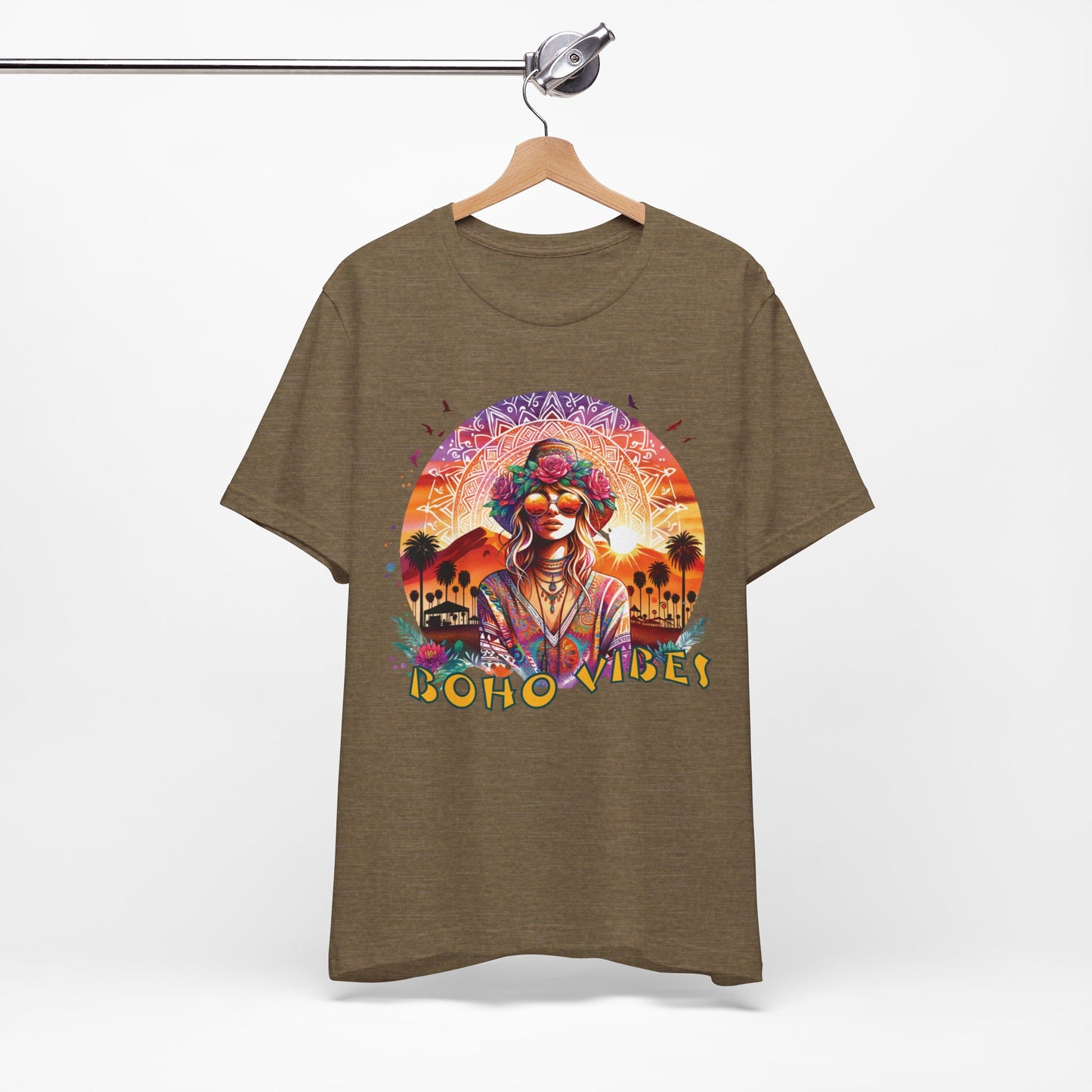 Boho Vibes T-Shirt Bohemian Festival Tee with Flower Crown Graphic for Music Lovers and Desert Style Events