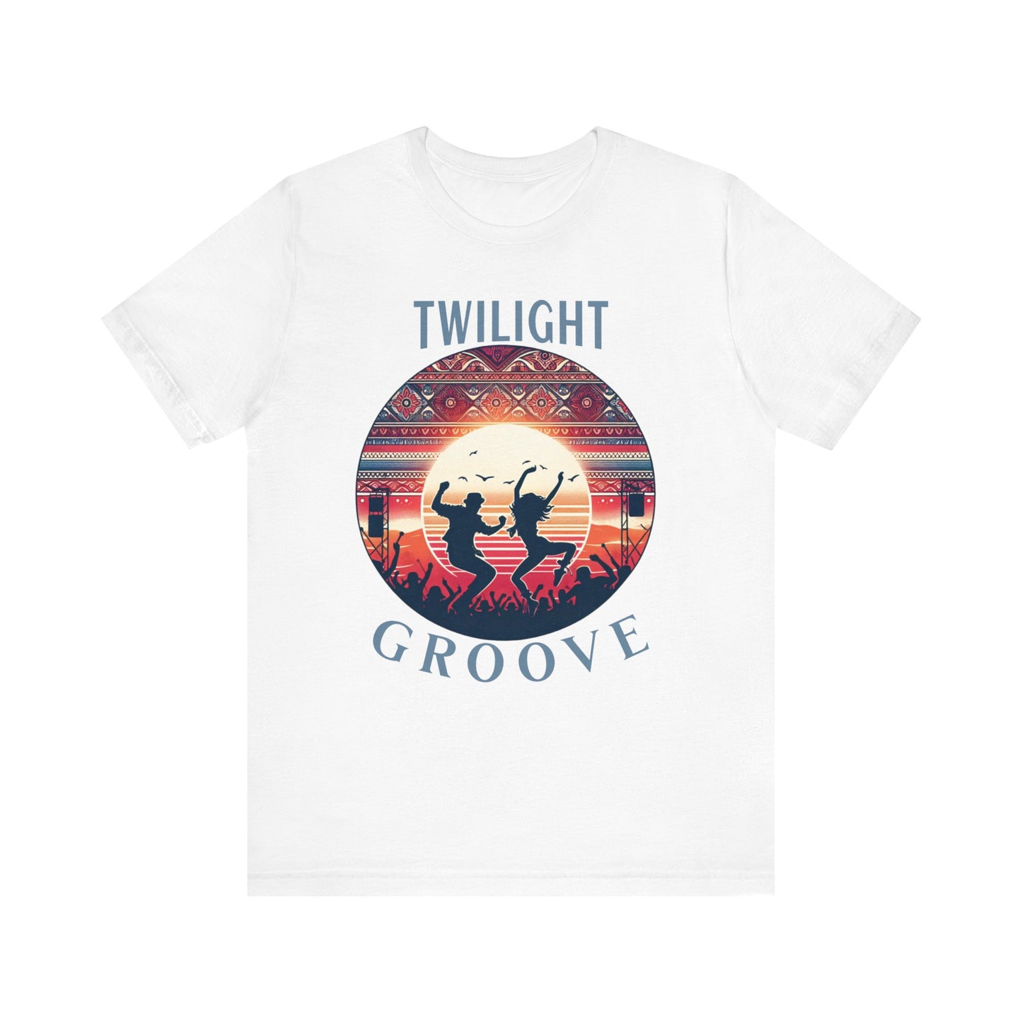 Desert Festival Tee Twilight Groove Silhouette Dancing Couple Bohemian Desert Music Shirt Boho Sunset Dance Top for Outdoor Music Lovers