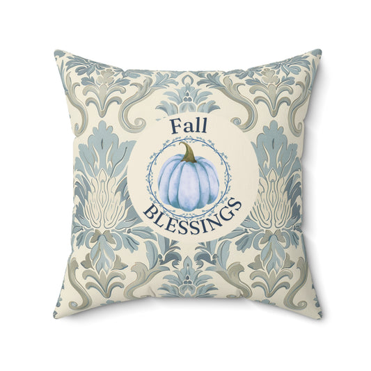 Ornate Blue Fall Blessings Pumpkin Pillow