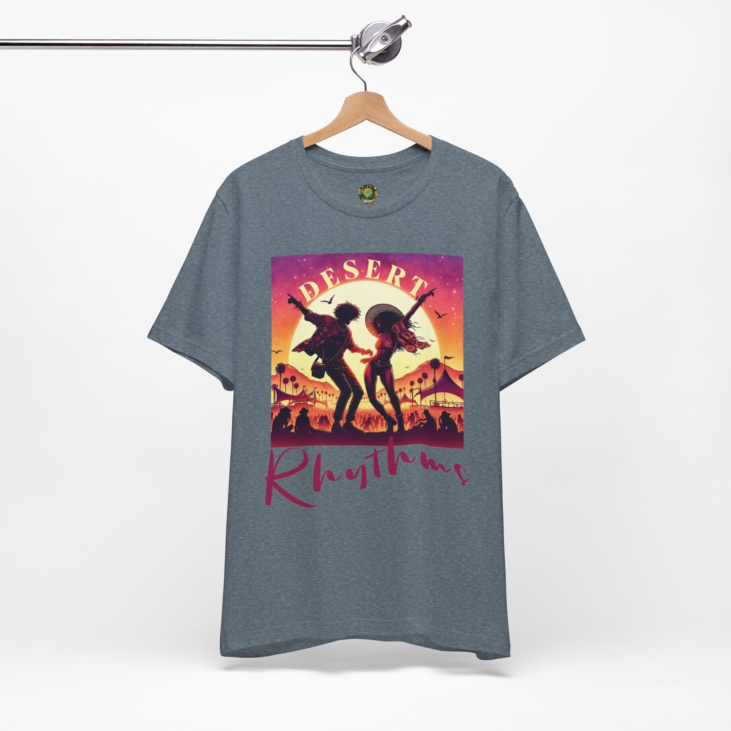 Festival Silhouette T-Shirt Trendy Desert Rhythms Top for Festival-Goers Dancing Couple Tee for Music Lovers