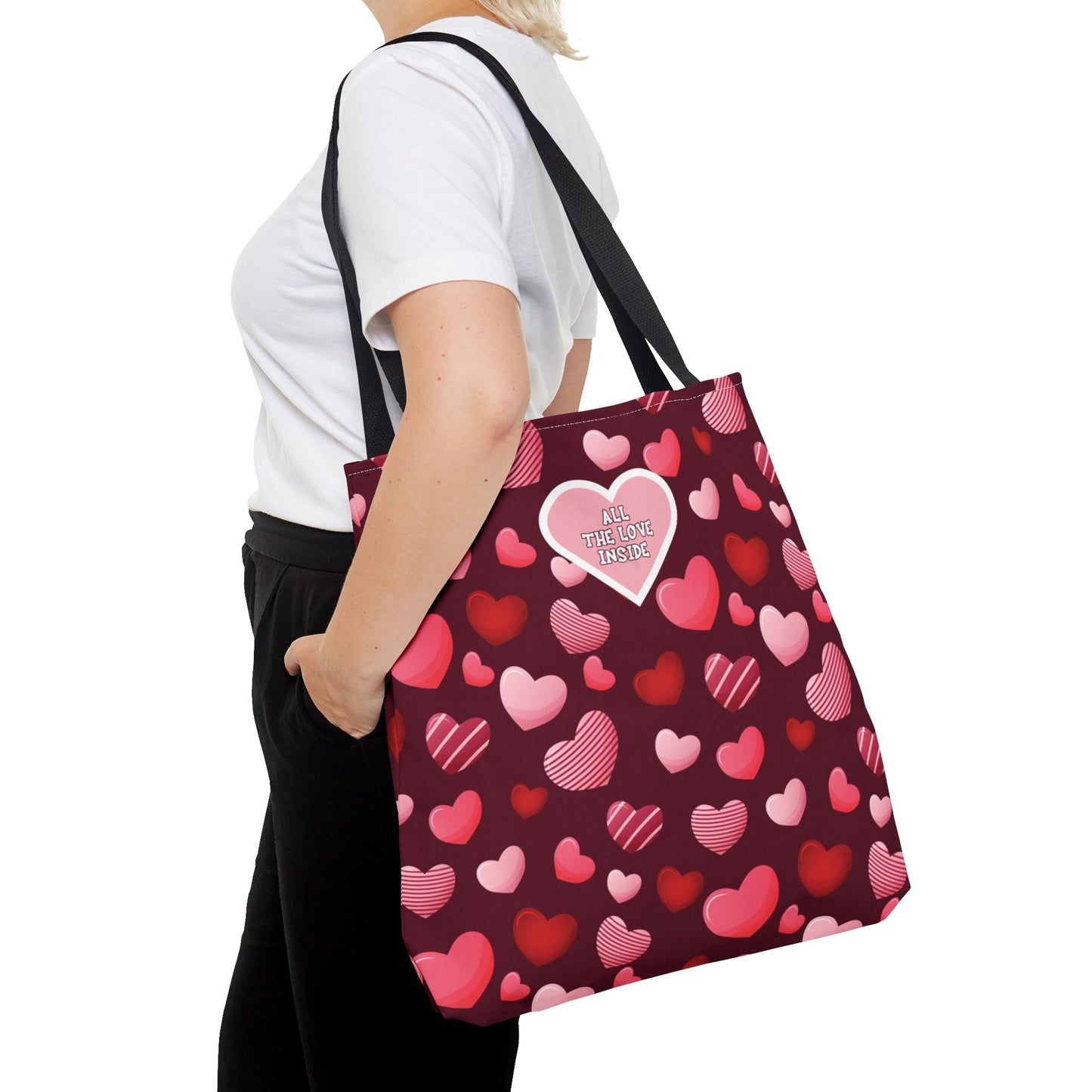 Romantic Valentine's Tote Bag Love Themed Burgundy Bag Pink and Red Hearts Gift for Women Reusable All The Love Inside Heart Pattern Tote