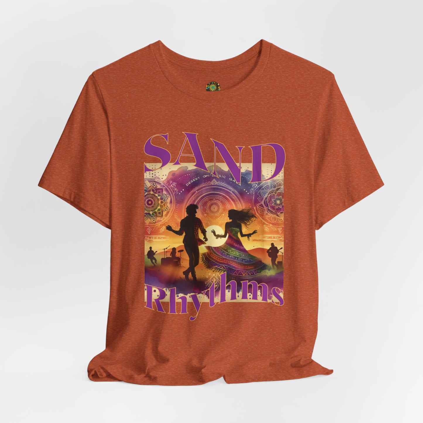 Bohemian Desert Festival T-Shirt Sand Rhythms Music Lovers Tee for Couples, Concerts, Music Festivals, and Boho Style Enthusiasts