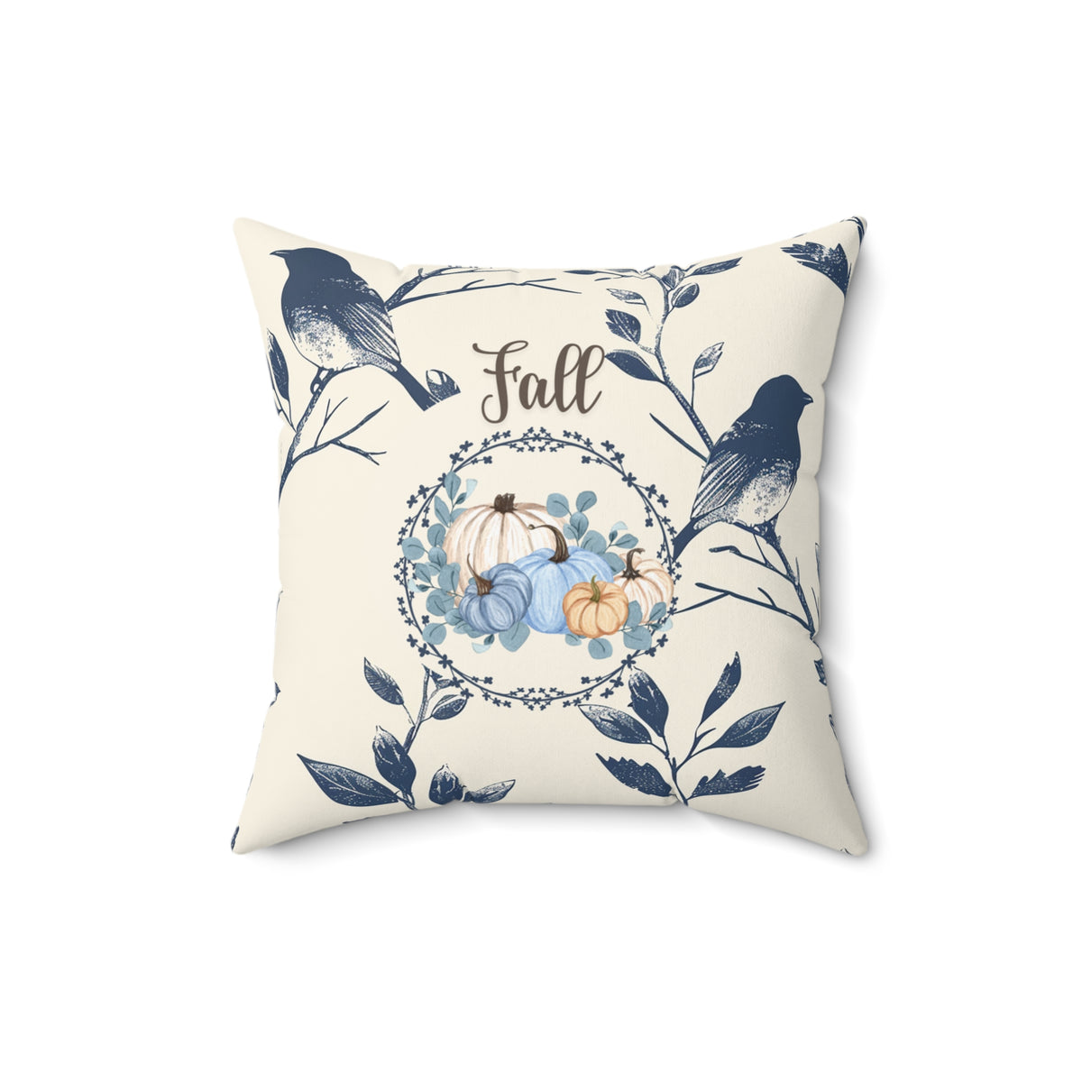 Blue Bird & Pumpkin Fall Pillow — Cream Autumn Accent Decor
