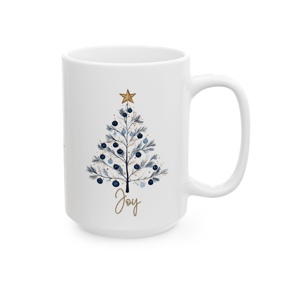 Joy Blue & Gold Christmas 15 oz Mug | Elegant Winter Tree Coffee Cup