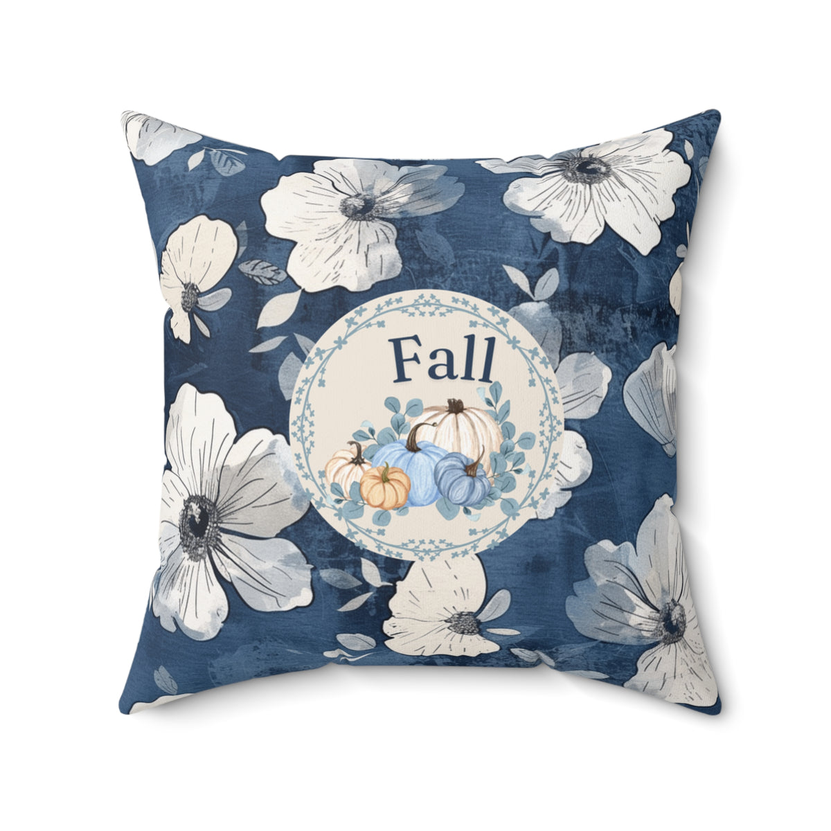 Blue Floral Fall Pumpkin Pillow — Autumn Accent Decor