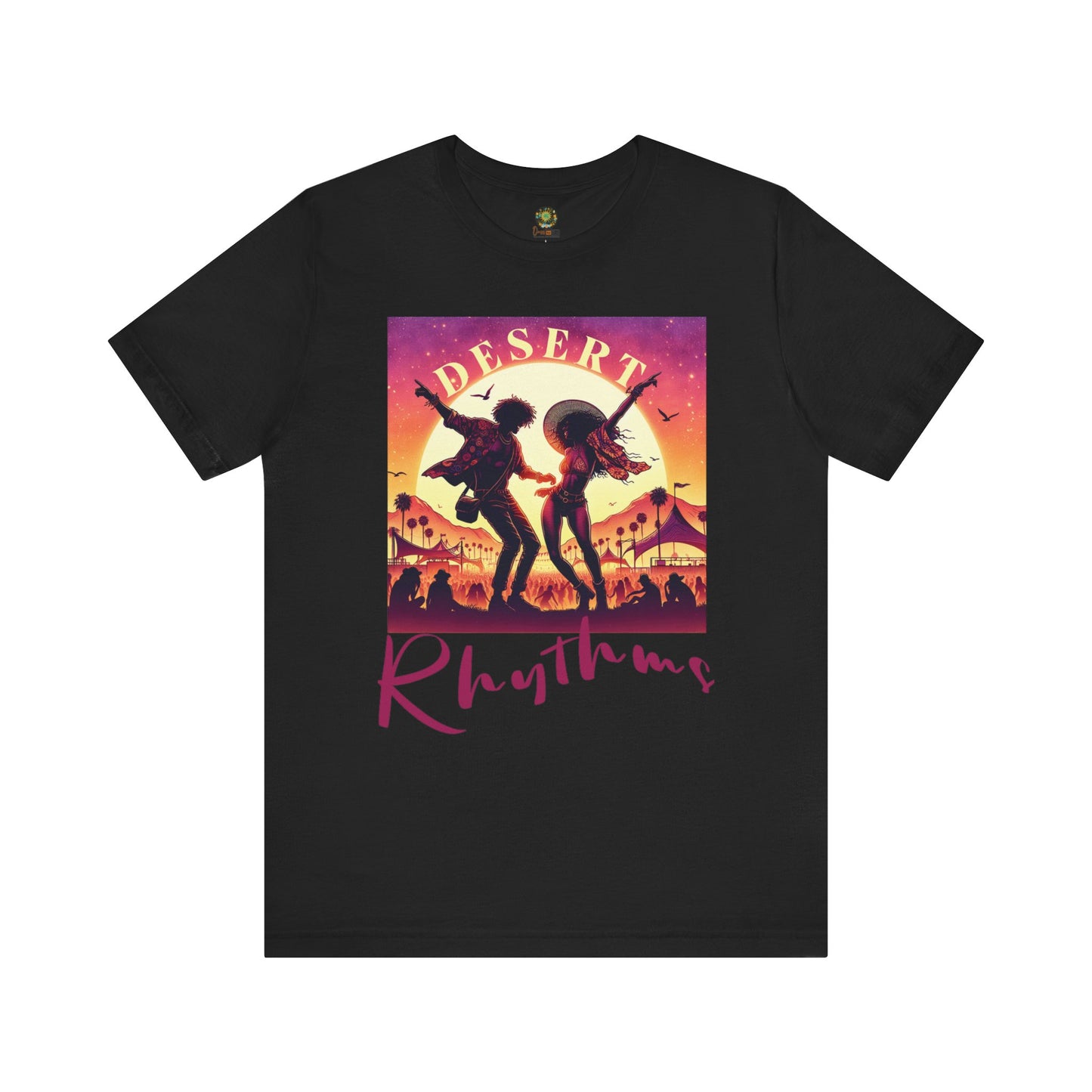 Festival Silhouette T-Shirt Trendy Desert Rhythms Top for Festival-Goers Dancing Couple Tee for Music Lovers