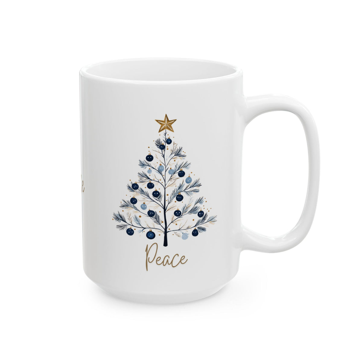 Peace Blue & Gold Christmas 15 oz Mug | Elegant Winter Tree Coffee Cup