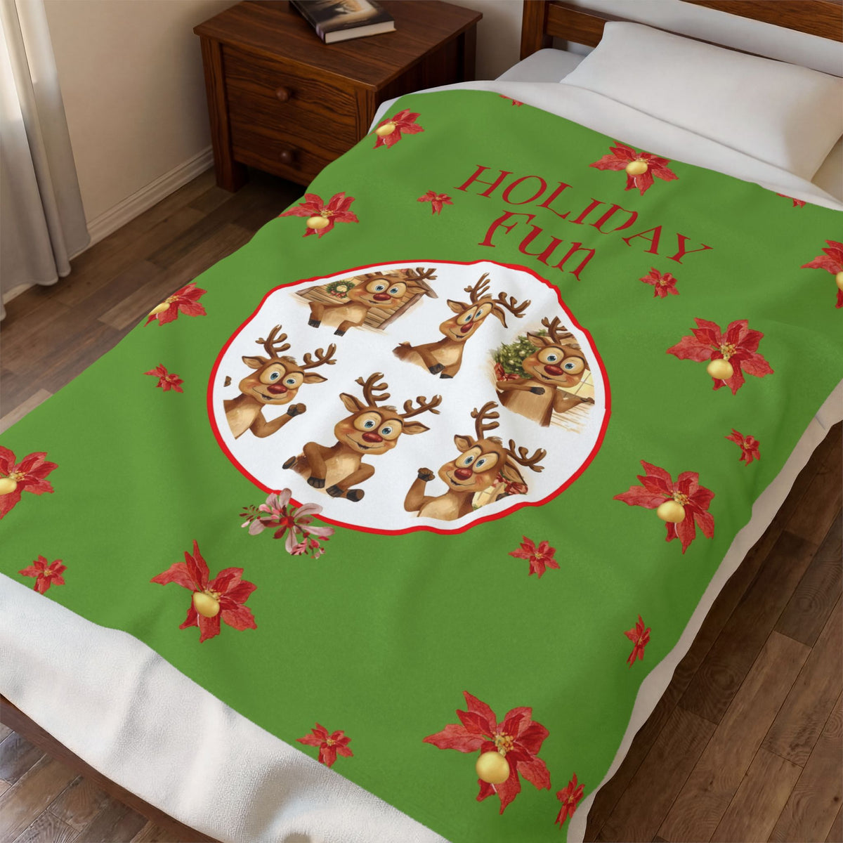 Holiday Fun Christmas Velveteen Plush Blanket | Festive Reindeer Cozy Throw