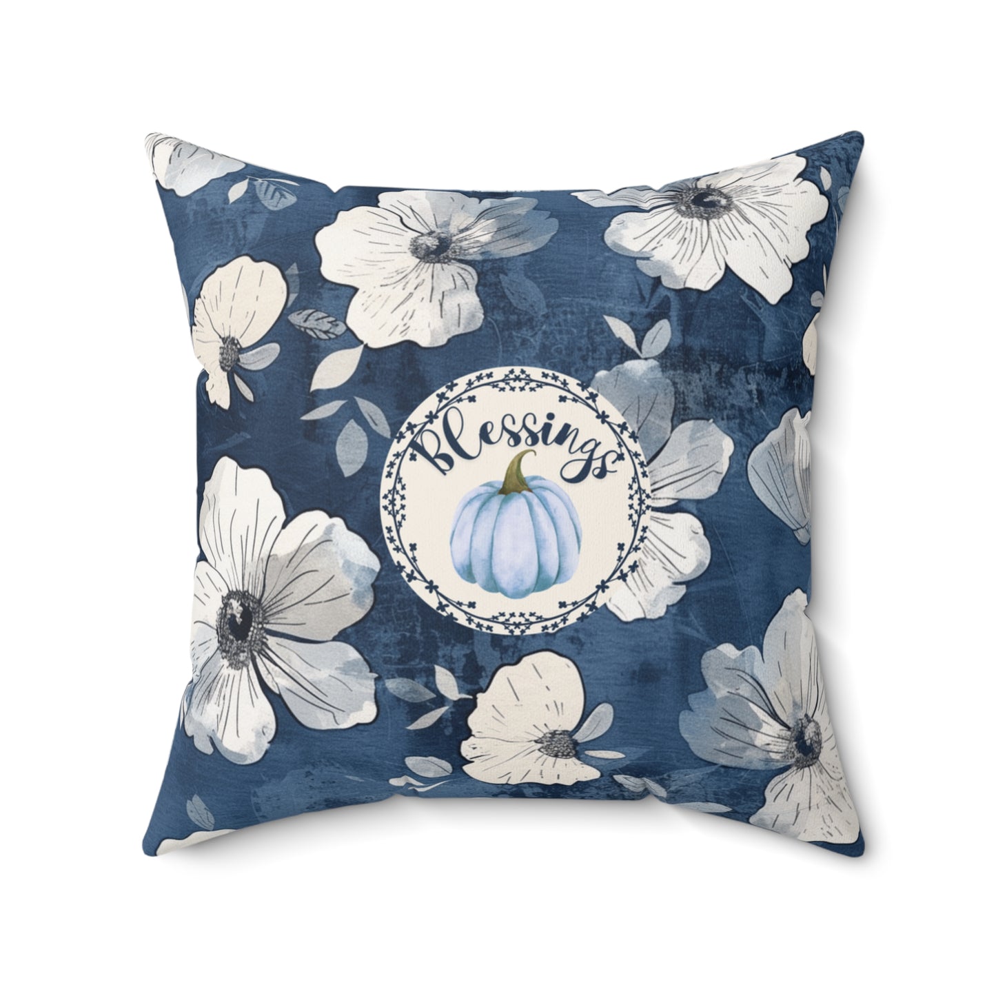 Thanksgiving Home Decor Blue and White Fall Floral Pillow Seasonal Pumpkin Design Autumn Home Accent Gift for Her Throw Cushion