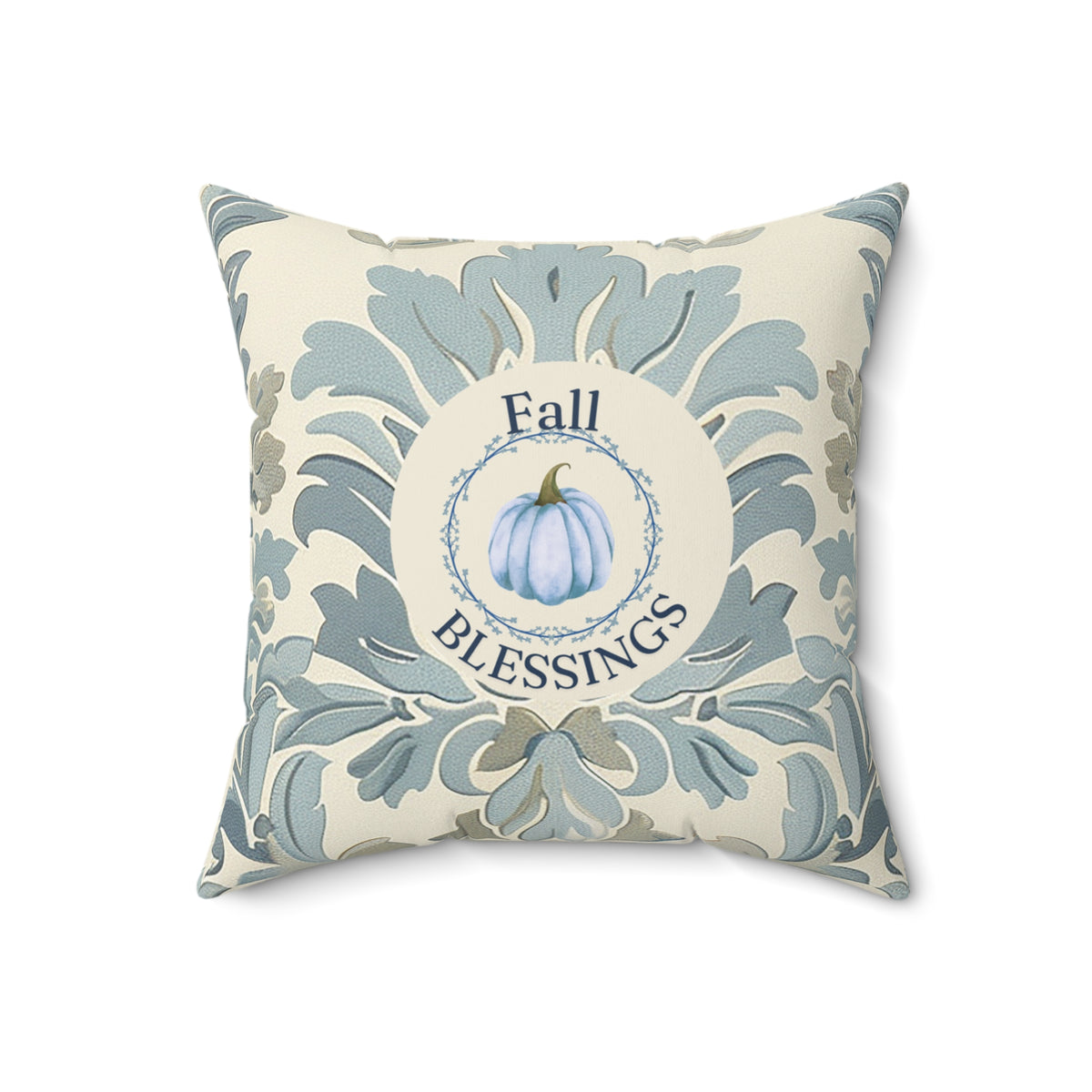 Fall Blessings Blue Damask Pumpkin Pillow
