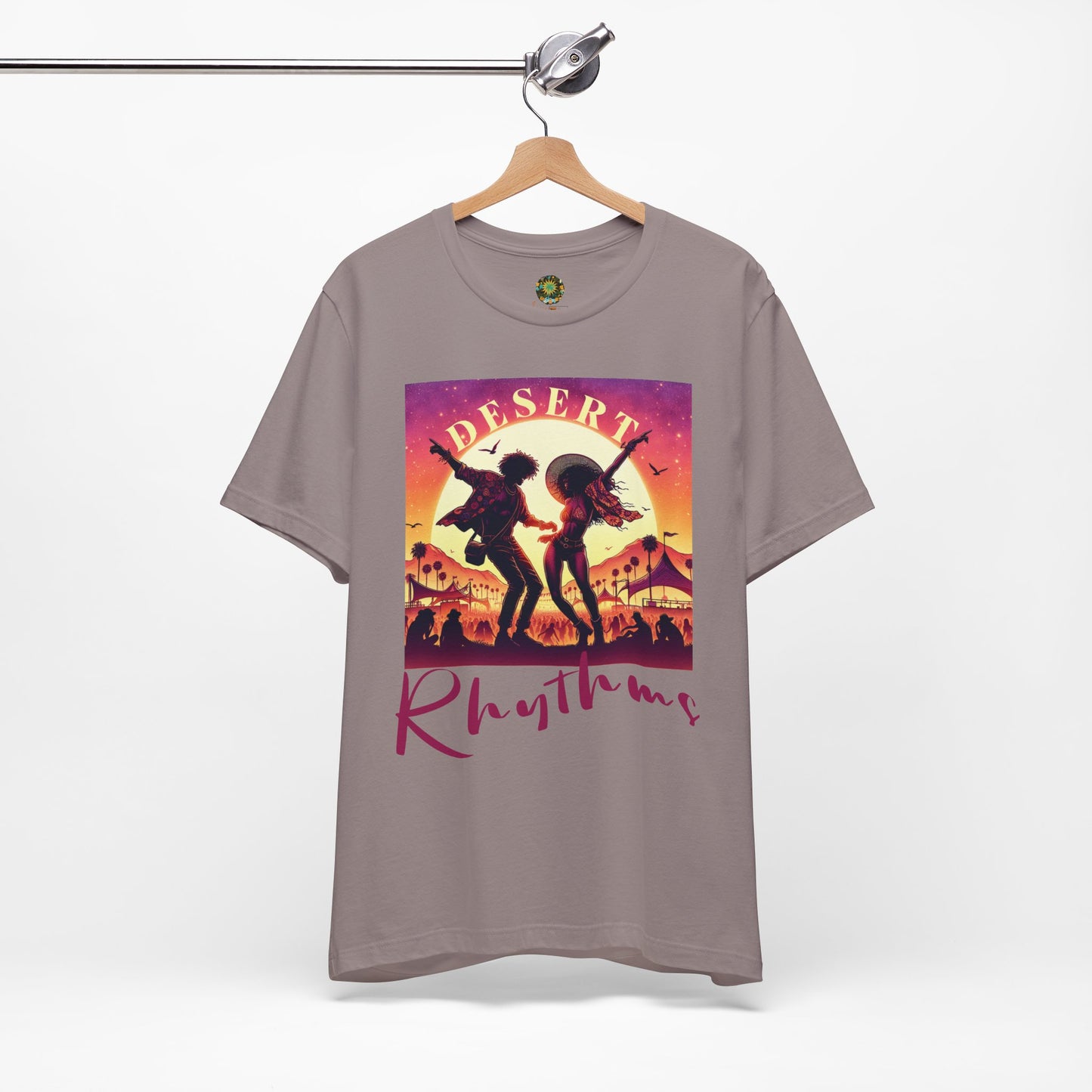 Festival Silhouette T-Shirt Trendy Desert Rhythms Top for Festival-Goers Dancing Couple Tee for Music Lovers