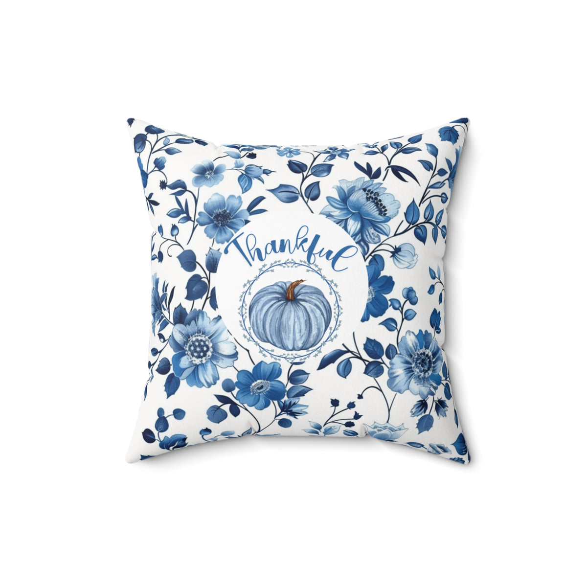 Thankful Grateful Reversible Fall Pillow | Blue Floral Pumpkin Thanksgiving Decor | Double-Sided Autumn Accent Pillow