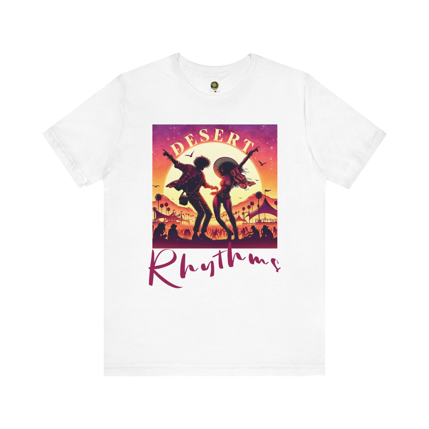 Festival Silhouette T-Shirt Trendy Desert Rhythms Top for Festival-Goers Dancing Couple Tee for Music Lovers