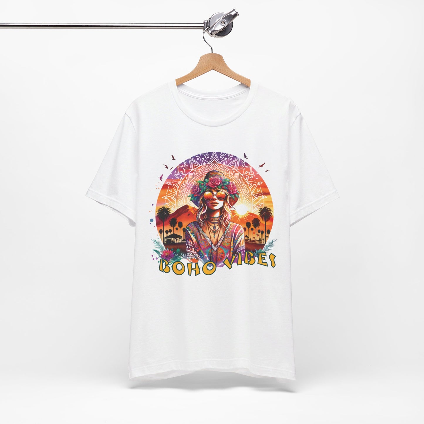 Boho Vibes T-Shirt Bohemian Festival Tee with Flower Crown Graphic for Music Lovers and Desert Style Events