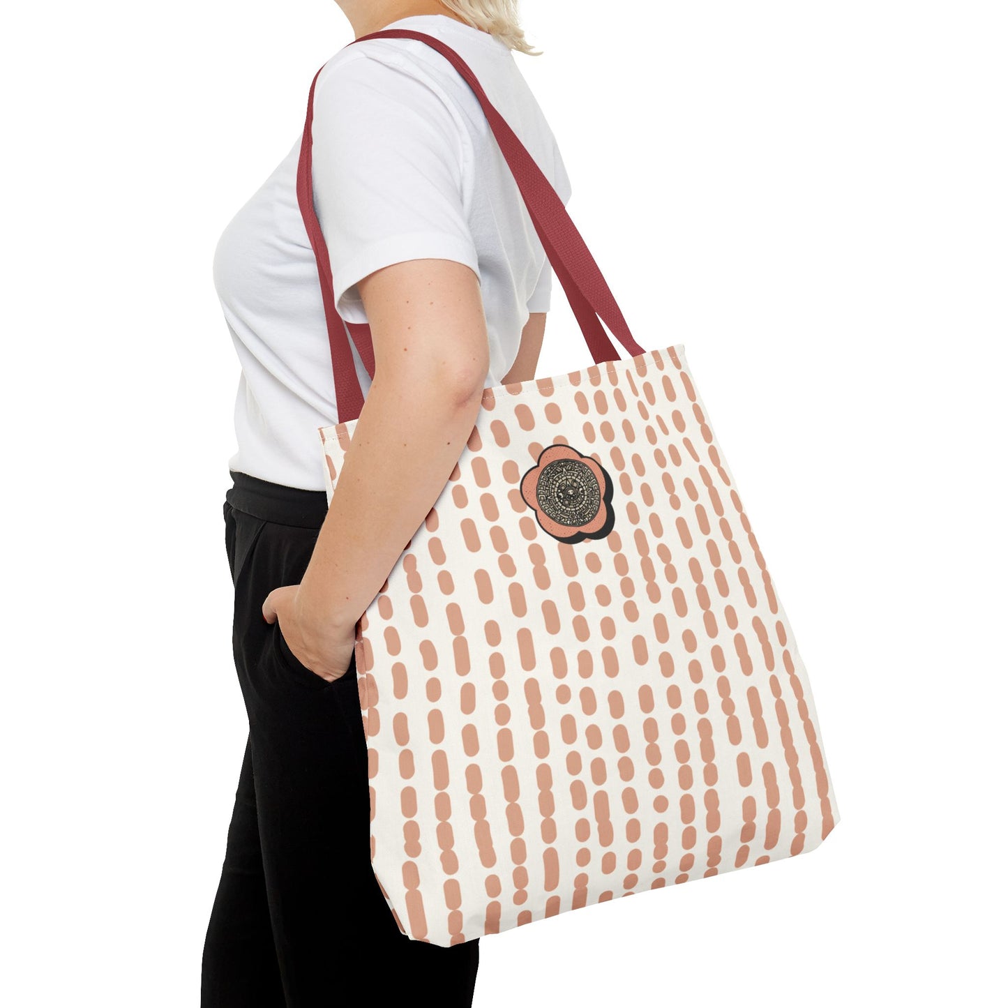 Elegant Bohemian Style Peach Abstract Tote With Medallion Accent Stylish Everyday vertical Pattern Carryall Fashionable Multipurpose Shopper