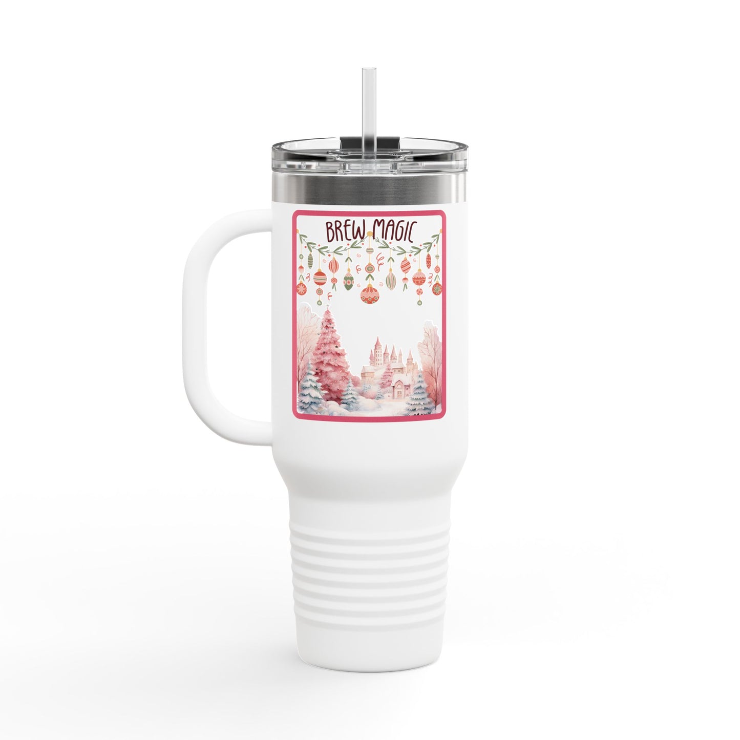 Brew Magic Christmas 40 oz Tumbler | Pink Holiday Travel Mug | Whimsical Winter Coffee Cup