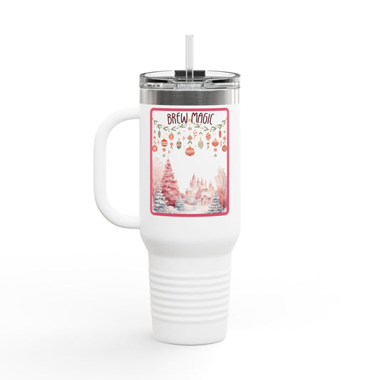 Brew Magic Christmas 40 oz Tumbler | Pink Holiday Travel Mug | Whimsical Winter Coffee Cup
