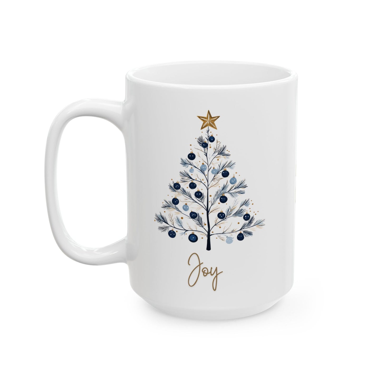 Joy Blue & Gold Christmas 15 oz Mug | Elegant Winter Tree Coffee Cup