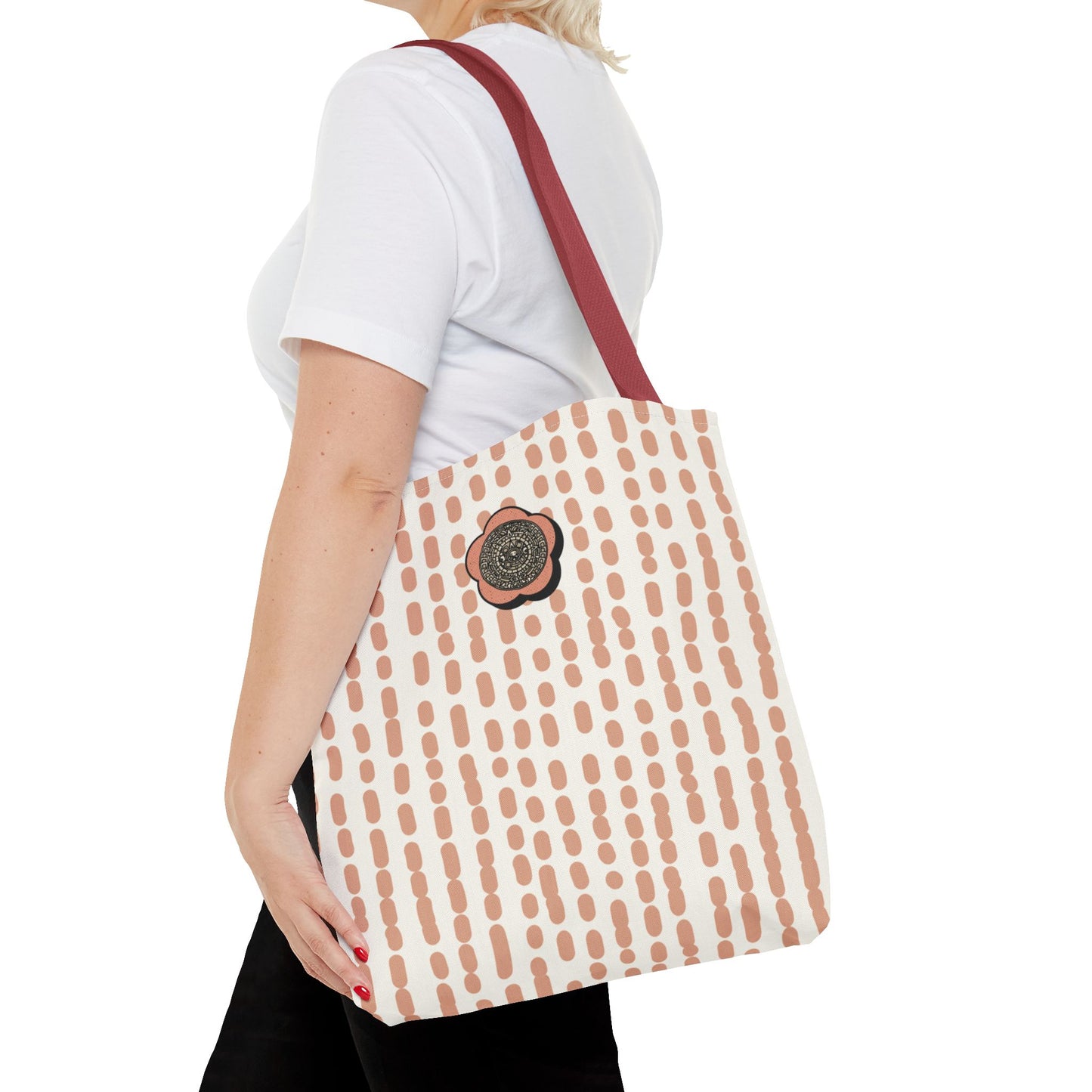 Elegant Bohemian Style Peach Abstract Tote With Medallion Accent Stylish Everyday vertical Pattern Carryall Fashionable Multipurpose Shopper