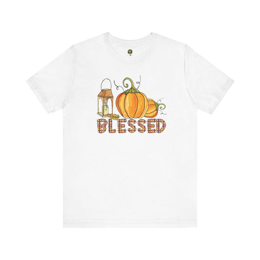 Fall Themed Pumpkin T-Shirt Blessed In Plaid Rustic Fall Outfit Seasonal Lantern Tee Casual Fall Wear Thanksgiving Shirt