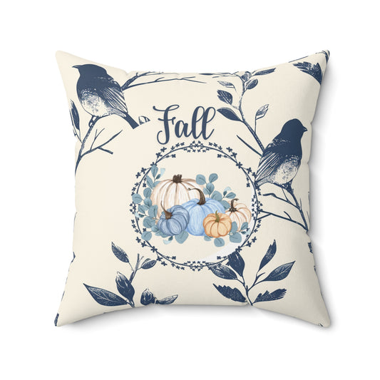 Seasonal Fall Home Decor Pillow Beige and Blue Autumn Floral Accent Pumpkin Themed Double-Sided Throw Cushion Gift For Her