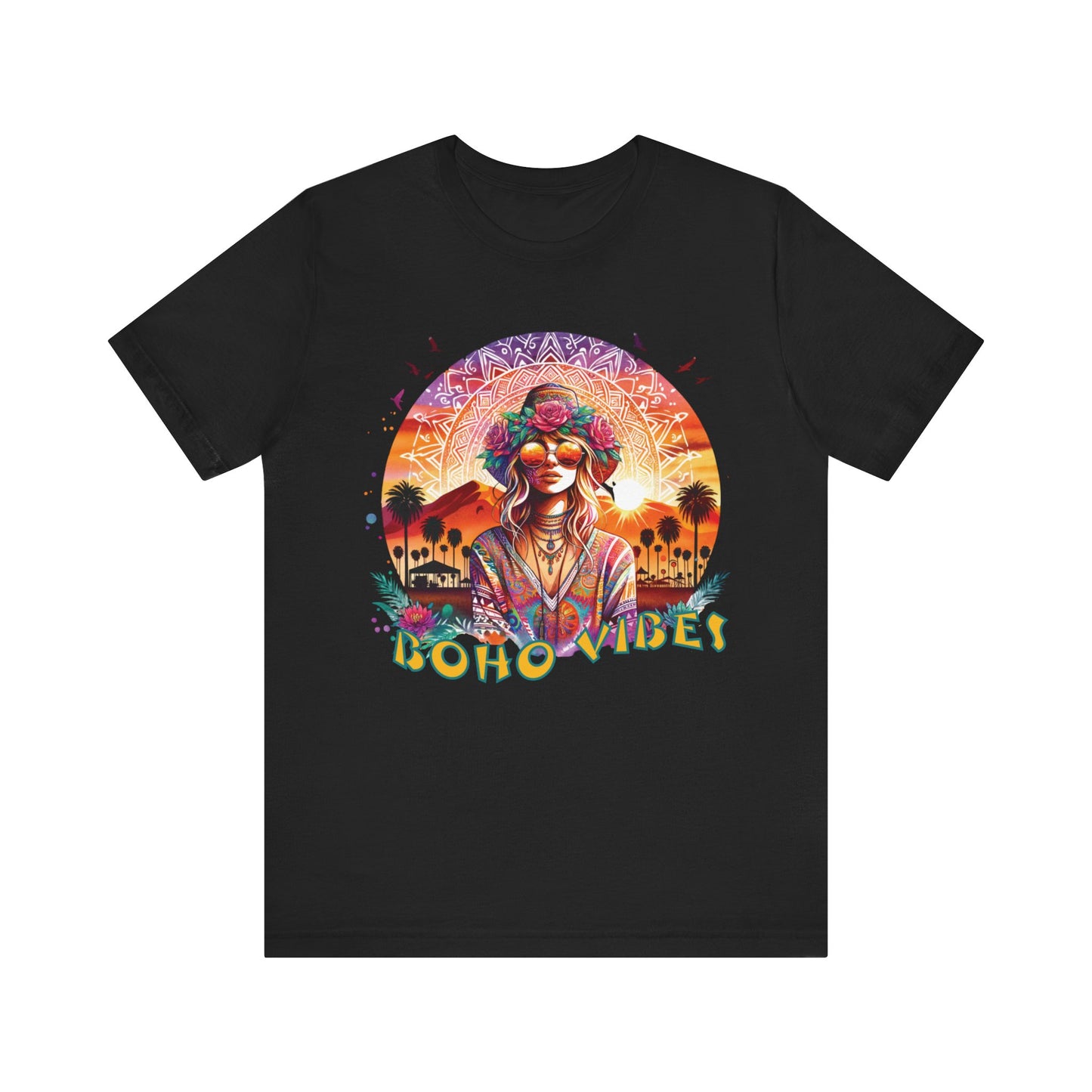 Boho Vibes T-Shirt Bohemian Festival Tee with Flower Crown Graphic for Music Lovers and Desert Style Events