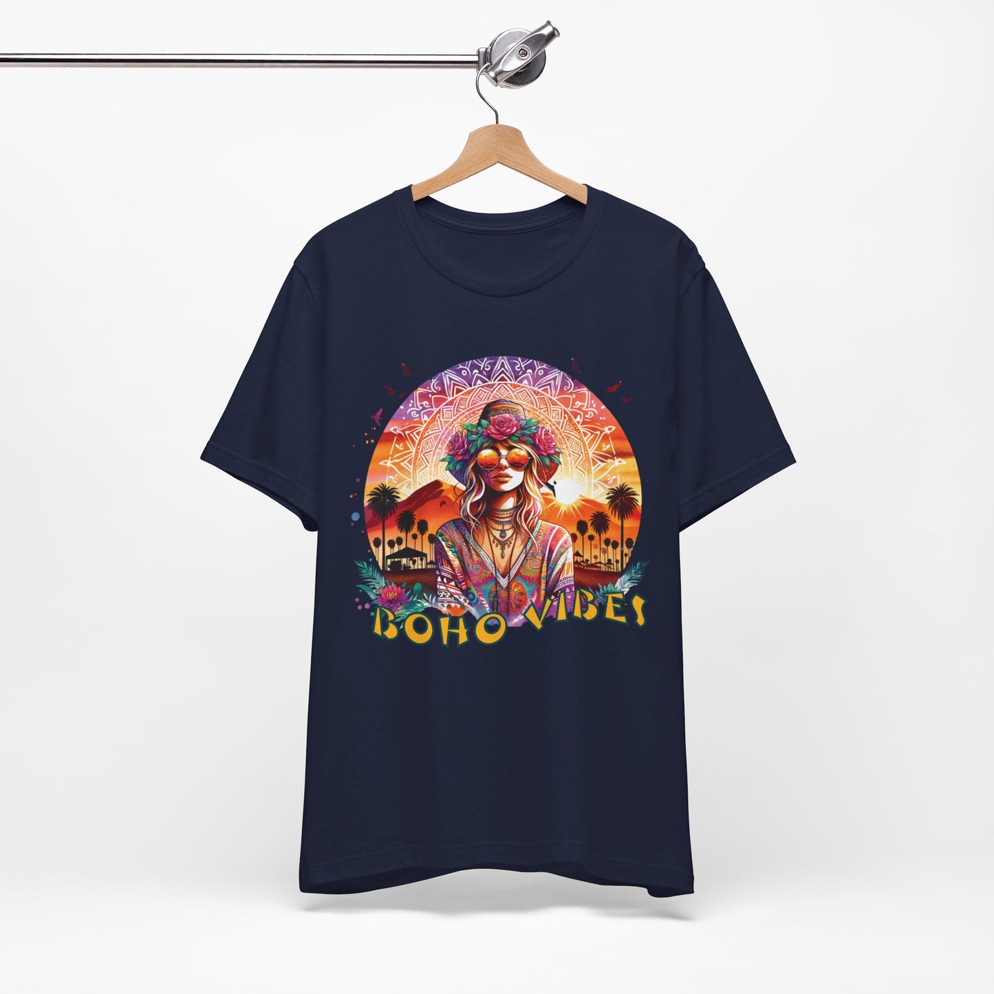 Boho Vibes T-Shirt Bohemian Festival Tee with Flower Crown Graphic for Music Lovers and Desert Style Events